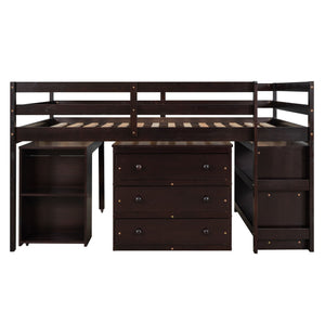 Loft Low Study Bed With Cabinet, Shelves And Rolling Portable Desk, Multiple Functions