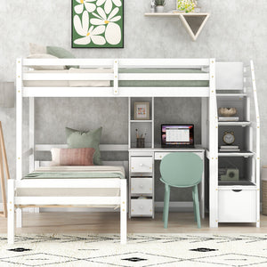Loft Bed With Stand Alone Bed, Storage Staircase, Desk, Shelves, And Drawers