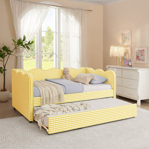Cozy Gingham Daybed with Trundle Twin Size Sofa Bed No Box Spring Needed, with USB Port and Adorable Wave Shaped, Linen Fabric