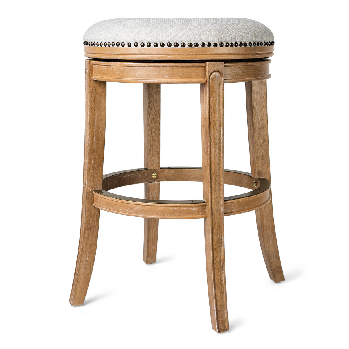 Maven Lane Alexander Backless Bar Stool in Weathered Oak Finish W/ Sand Color Fabric Upholstery