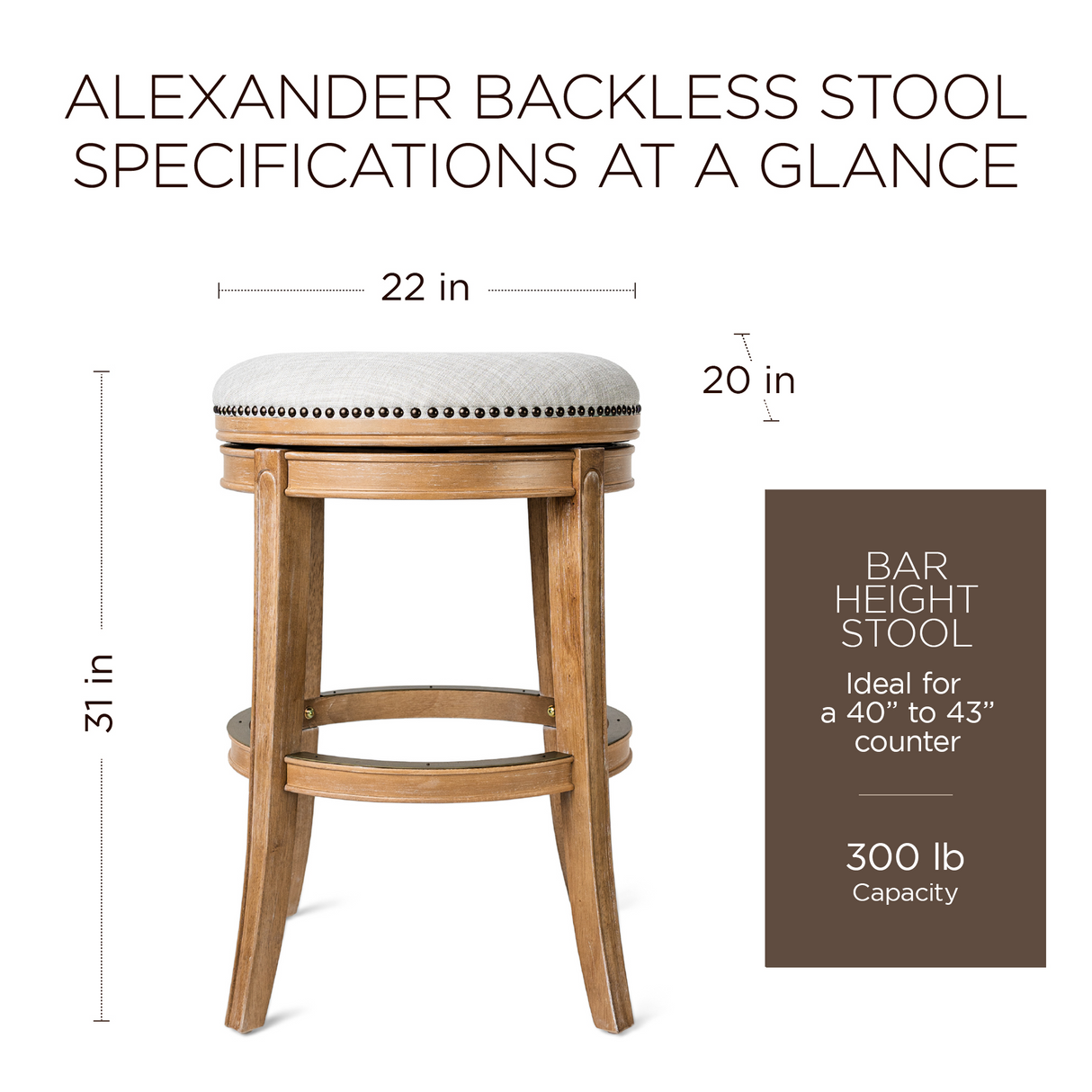 Maven Lane Alexander Backless Bar Stool in Weathered Oak Finish W/ Sand Color Fabric Upholstery