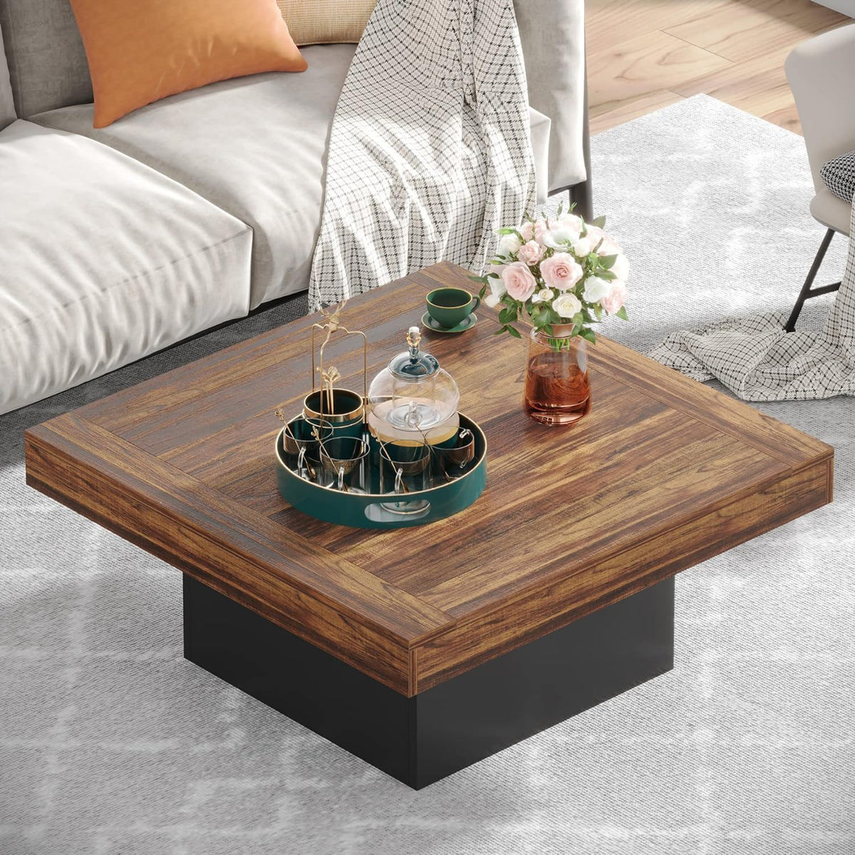 LED Coffee Table With Base, Center Table For Living Room - Rustic Brown