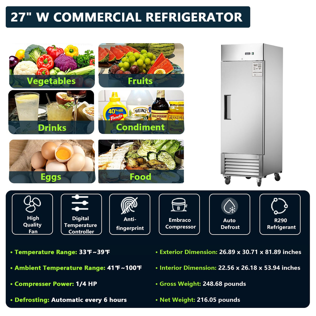 27" Commercial Refrigerator with Solid Door