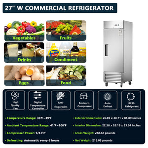 27" Commercial Refrigerator with Solid Door