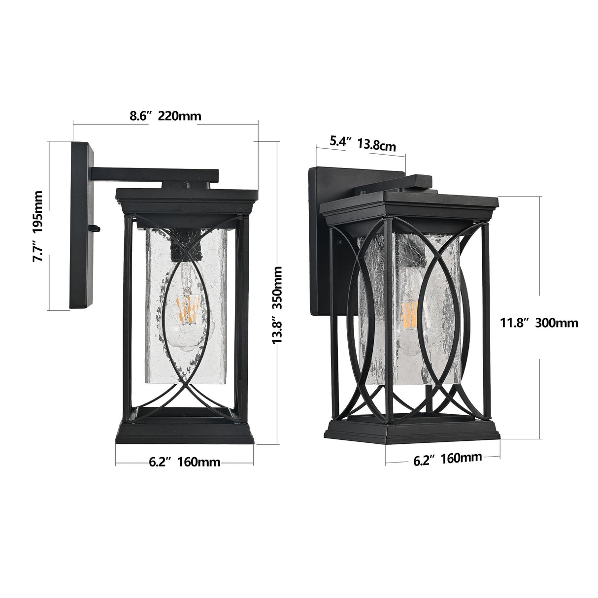 14'(H) Black Outdoor Wall Lantern with Crackled Glass