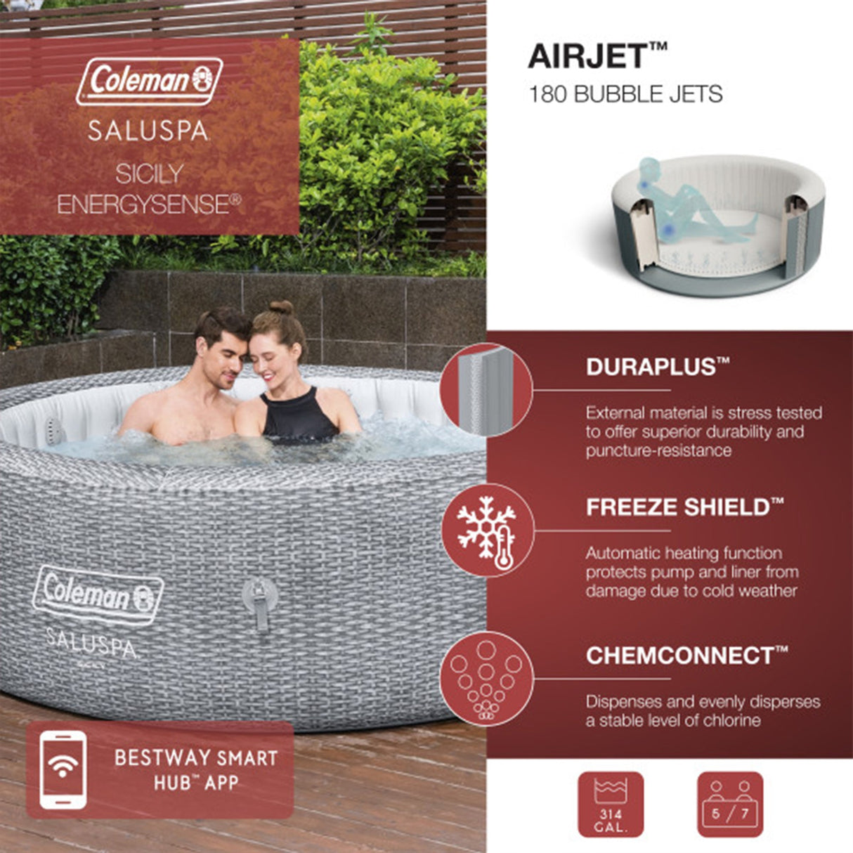 Bestway Coleman Sicily AirJet Inflatable Hot Tub With EnergySense Cover, Grey