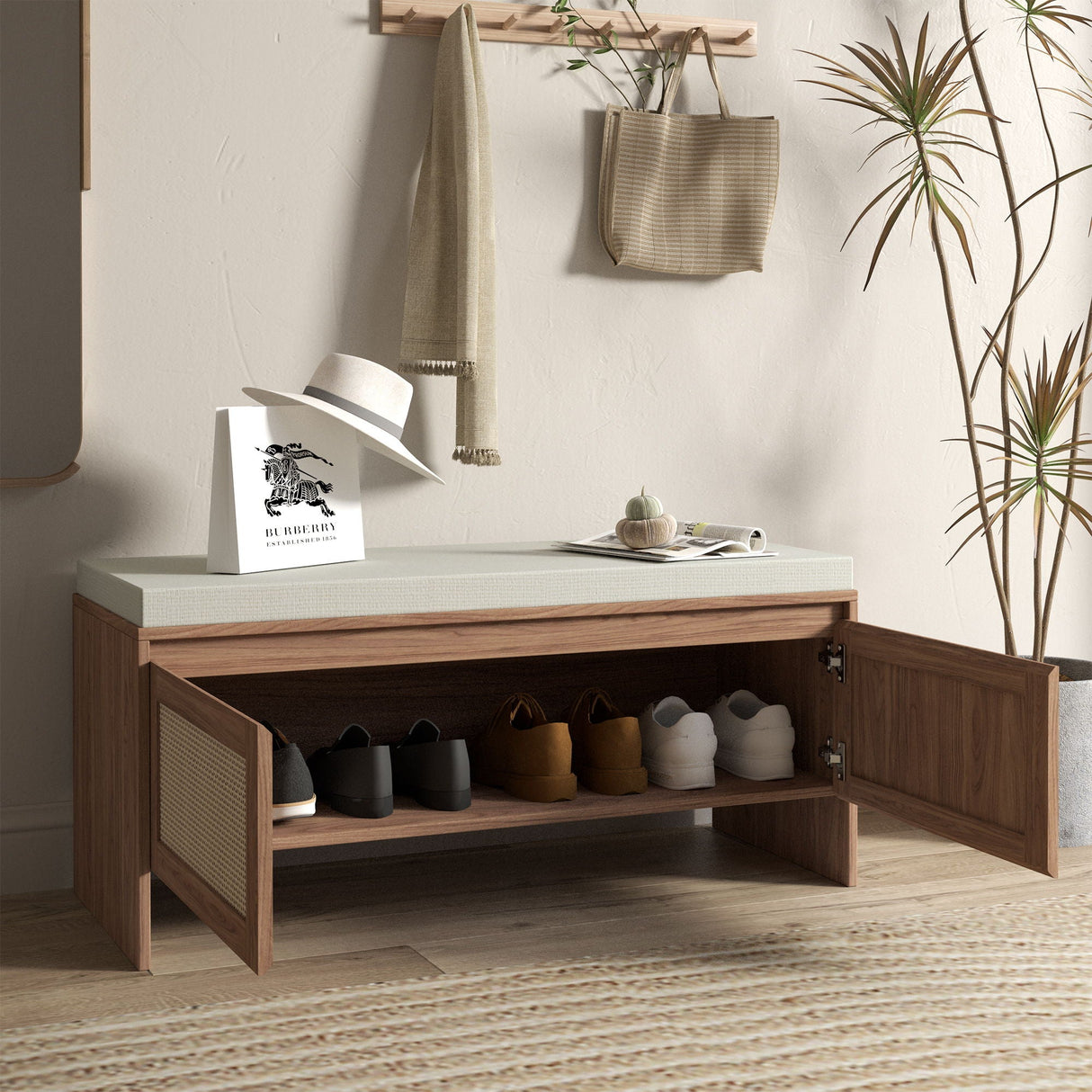 Storage Bench With Cushion, Shoe Cabinet With 2 Doors - Antique Natural / Rattan