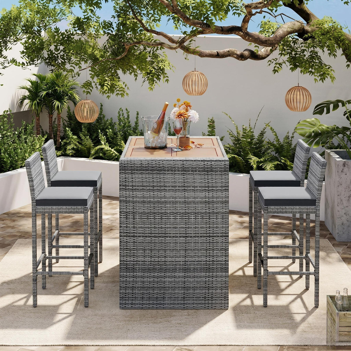 GO 5-Pieces Outdoor Patio Wicker Bar Set