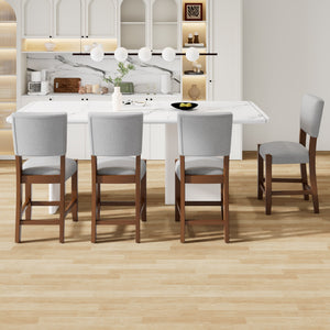 Set of 4 Mid-Century Modern Bar Stools, 40 in Linen Upholstered Counter Chairs with Rubber Wood Legs, Gray