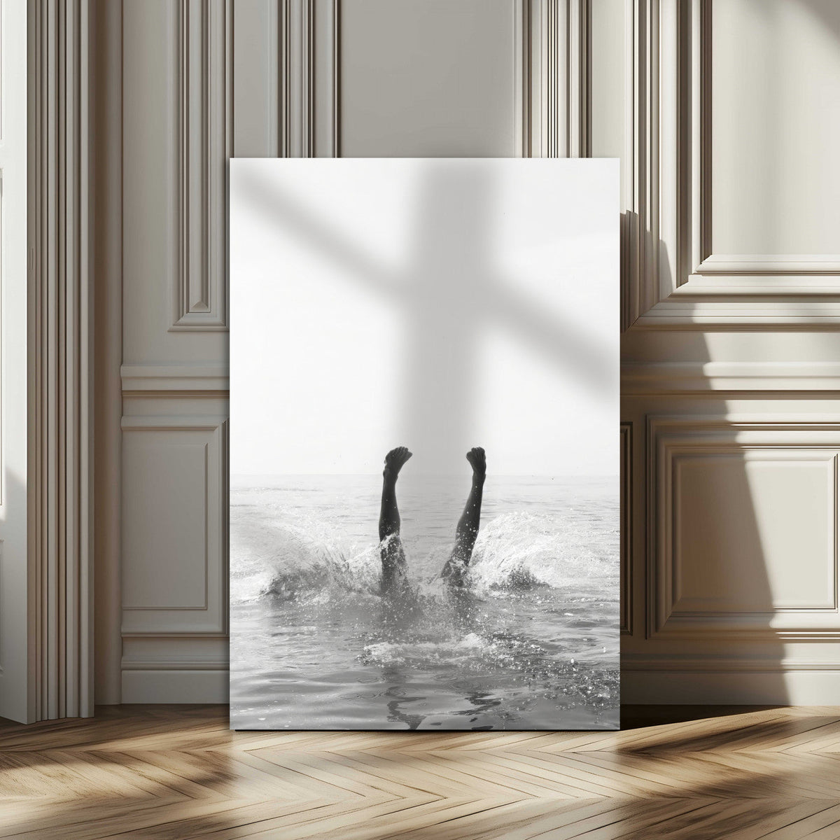 Minimal Ocean Wall Art Canvas Print – Framed Monochrome