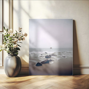 Moody Seascape Wall Art Canvas Print – Framed Neutral Foggy