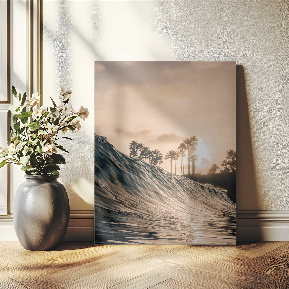 Sunset Wave Ocean Wall Art – Framed Palm Tree Canvas