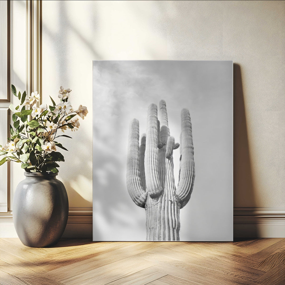 Saguaro Cactus Wall Art – Black and White Desert Canvas