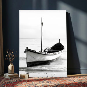 Minimal Boat Wall Art Canvas Print – Black and White Coastal