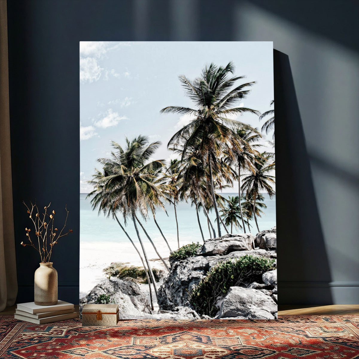 Tropical Trees Beach Wall Art Canvas Print, Coastal Ocean