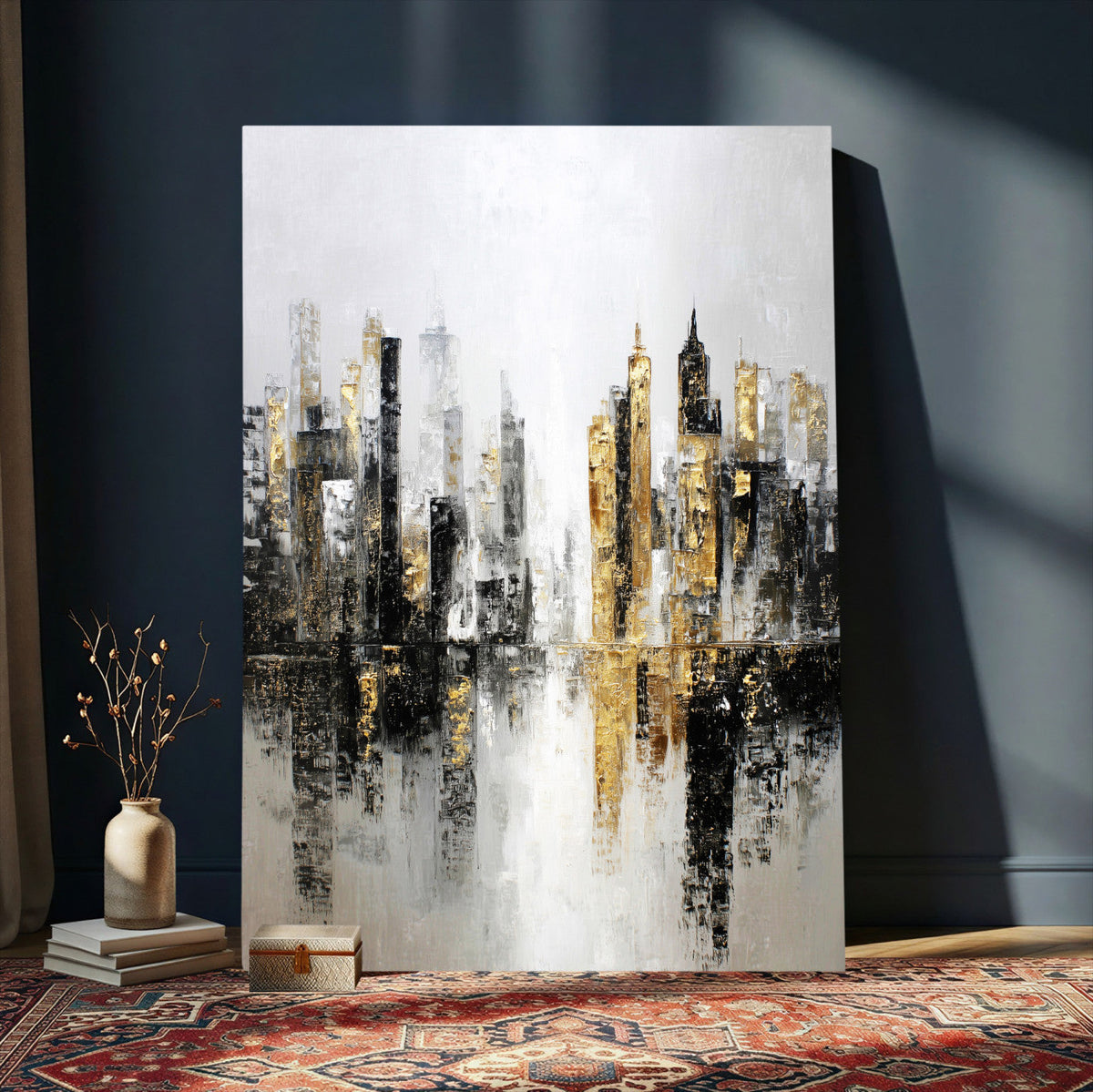 Abstract New York Wall Art Canvas Print, Gold Black Modern