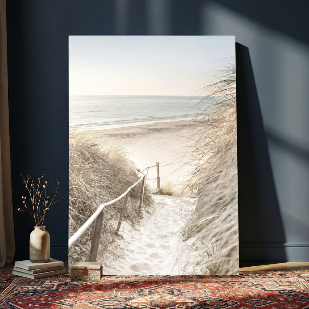 Coastal Beach Path Wall Art Canvas Print – Neutral Ocean