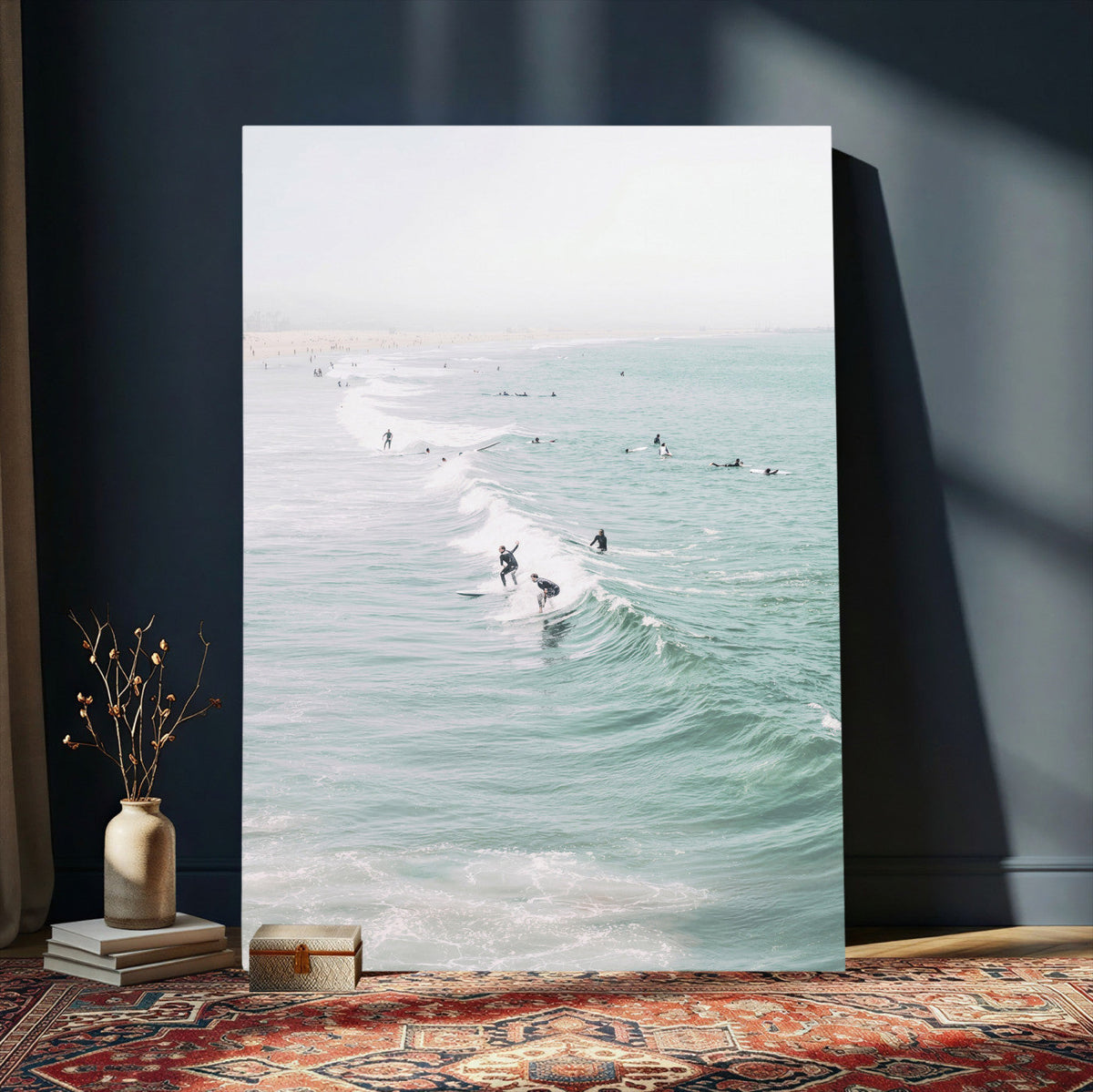 Surfers on Waves Canvas Wall Art, Aerial Ocean Photography
