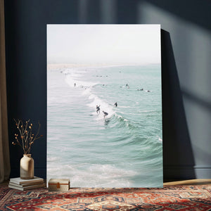 Surfers on Waves Canvas Wall Art, Aerial Ocean Photography
