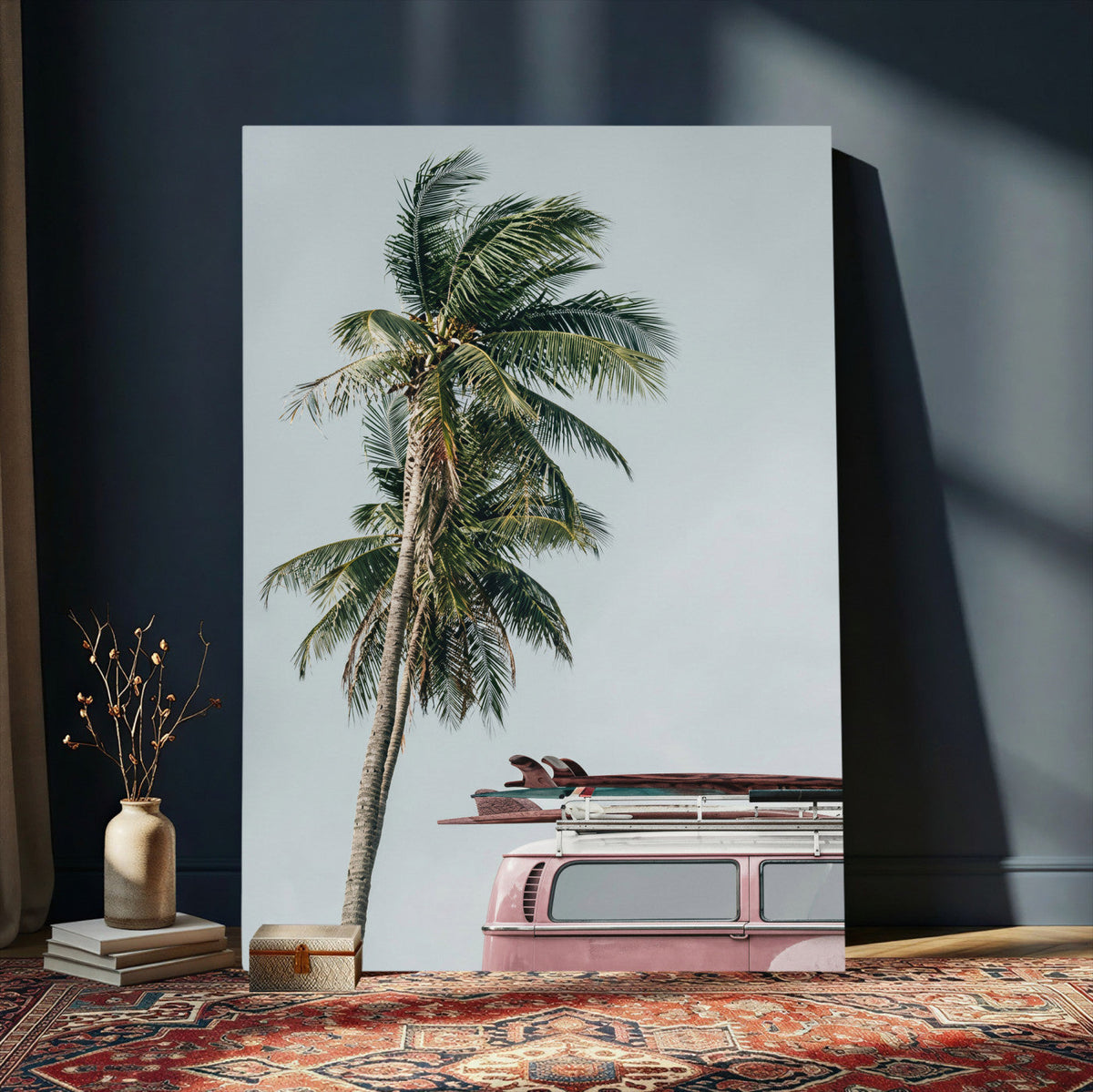 VW Van Palm Tree Canvas Wall Art, Pink Camper Surfboards