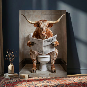 Funny Bathroom Canvas Wall Art, Texas Longhorn on Toilet