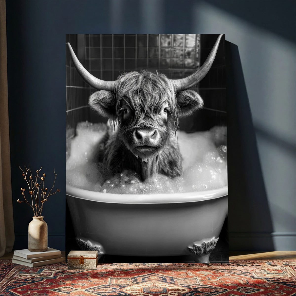 Highland Cow Bathtub Canvas Wall Art, Funny Bathroom Print
