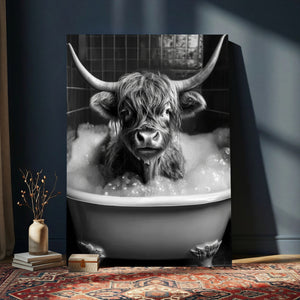 Highland Cow Bathtub Canvas Wall Art, Funny Bathroom Print