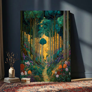 Gustav Klimt Style Forest Canvas Wall Art, Golden Forest