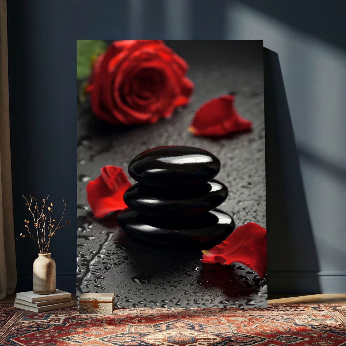 Black Lava Stone Rose Canvas | Red Rose Spa Photography