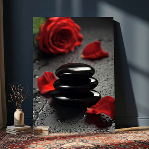 Black Lava Stone Rose Canvas | Red Rose Spa Photography