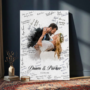 Wedding Guest Book Alternative Wall Art Canvas Print, Personalized Wedding Signature Poster, Custom Couple Photo Guestbook Canvas, Bridal Shower Reception Decor