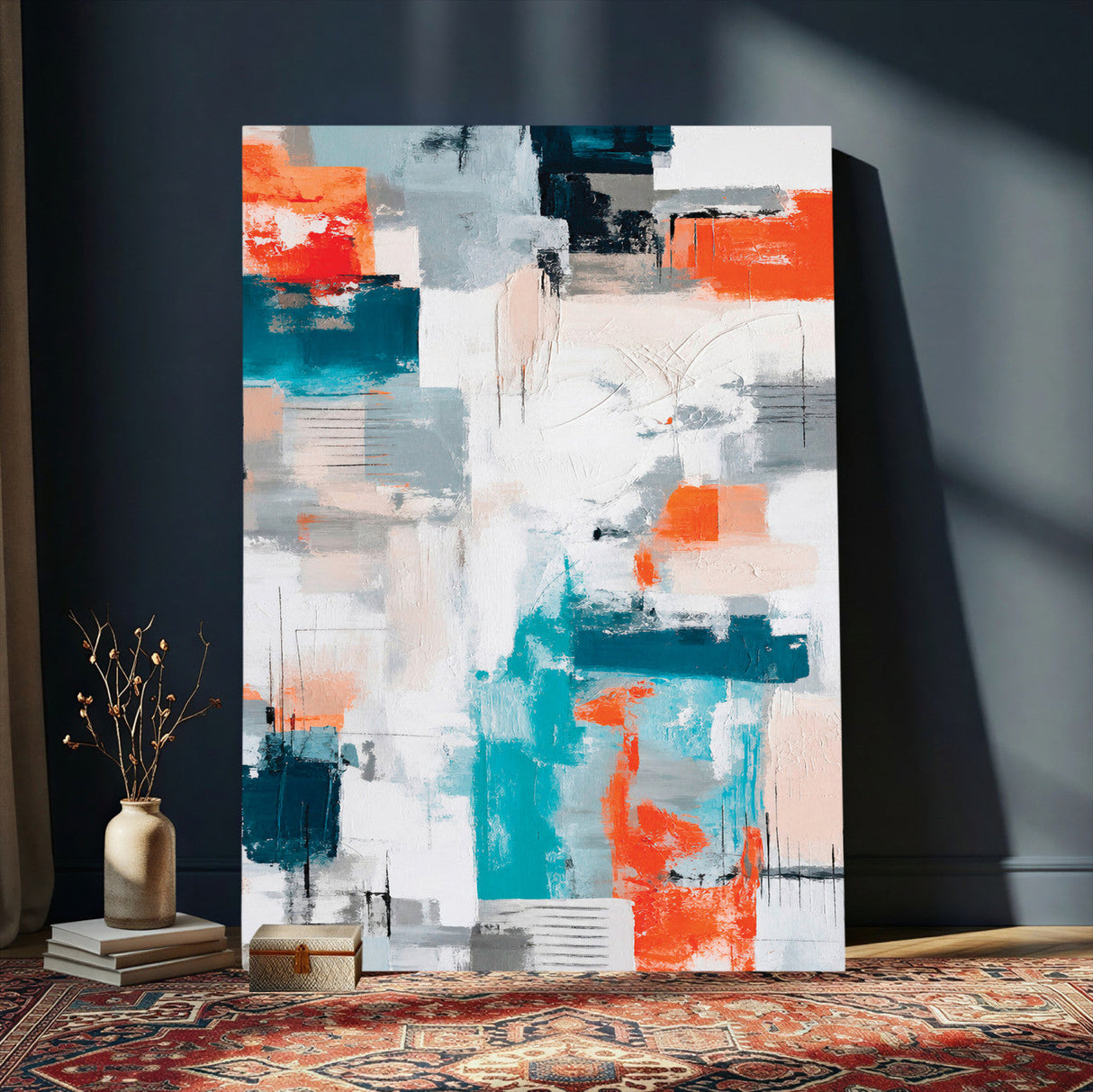 Blue Teal Abstract Canvas Wall Art, Modern Textured Painting Print, Navy Orange White Contemporary Art, Neutral Living Room Decor, Office Art