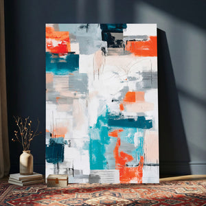 Blue Teal Abstract Canvas Wall Art, Modern Textured Painting Print, Navy Orange White Contemporary Art, Neutral Living Room Decor, Office Art