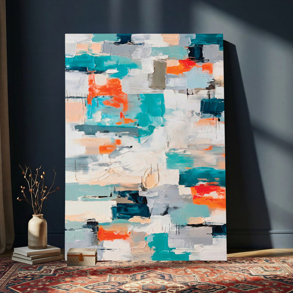Blue Teal Abstract Canvas Wall Art, Modern Textured Painting Print, Navy Orange White Contemporary Art, Neutral Living Room Decor, Office Art