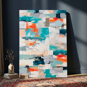 Blue Teal Abstract Canvas Wall Art, Modern Textured Painting Print, Navy Orange White Contemporary Art, Neutral Living Room Decor, Office Art