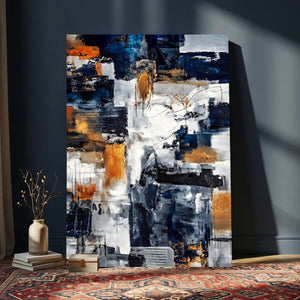 Blue Teal Abstract Canvas Wall Art, Modern Textured Painting Print, Navy Orange White Contemporary Art, Neutral Living Room Decor, Office Art