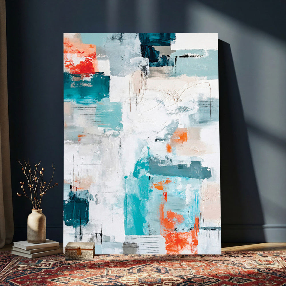 Blue Teal Abstract Canvas Wall Art, Modern Textured Painting Print, Navy Orange White Contemporary Art, Neutral Living Room Decor, Office Art