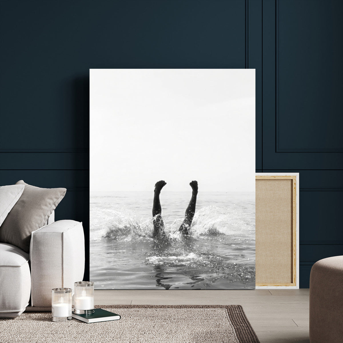 Minimal Ocean Wall Art Canvas Print – Framed Monochrome