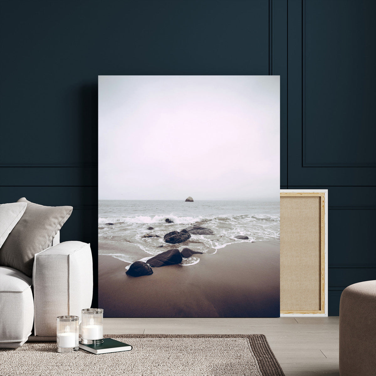 Moody Seascape Wall Art Canvas Print – Framed Neutral Foggy
