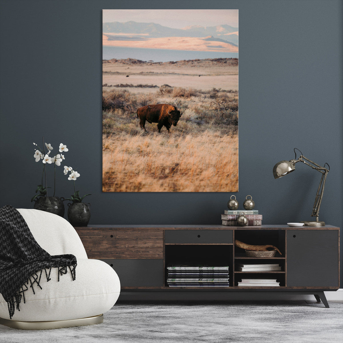 Solitary Buffalo Wall Art Canvas Print – Framed Golden