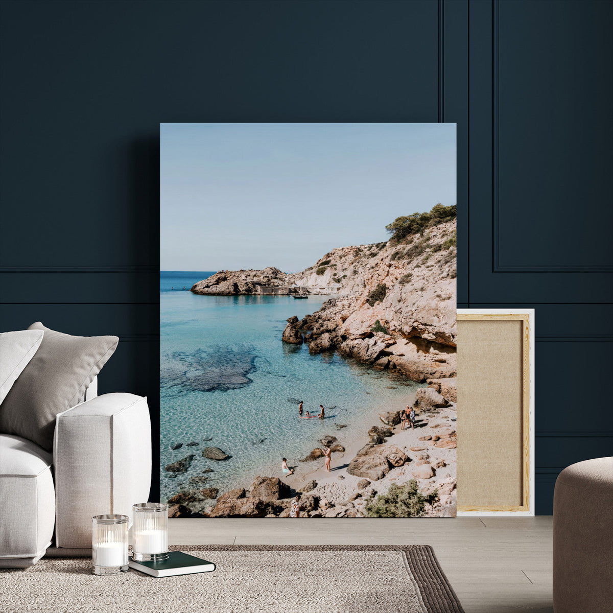 Clear Blue Water Beach Wall Art – Framed Rocky Cove Canvas
