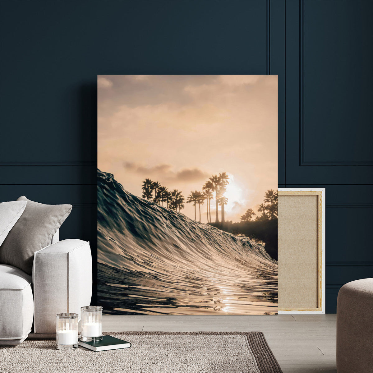Sunset Wave Ocean Wall Art – Framed Palm Tree Canvas
