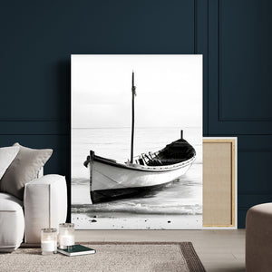 Minimal Boat Wall Art Canvas Print – Black and White Coastal