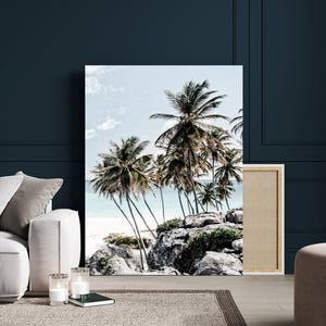 Tropical Trees Beach Wall Art Canvas Print, Coastal Ocean