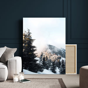 Snowy Mountain Forest Wall Art Canvas Print, Winter Pine