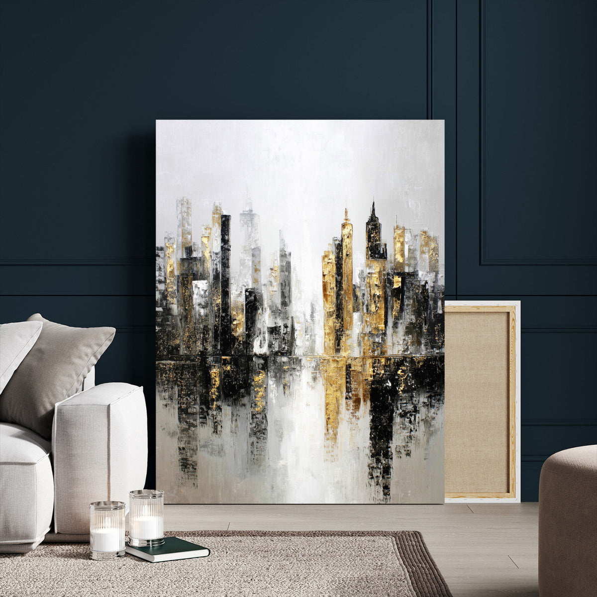Abstract New York Wall Art Canvas Print, Gold Black Modern