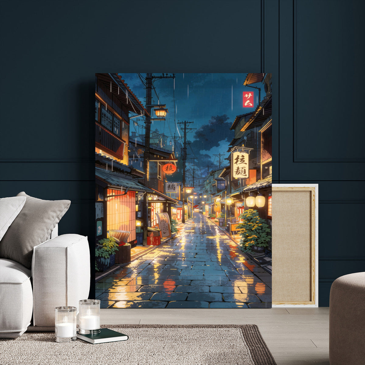 Tokyo Tea House Canvas Wall Art — Japan Rainy Night Street