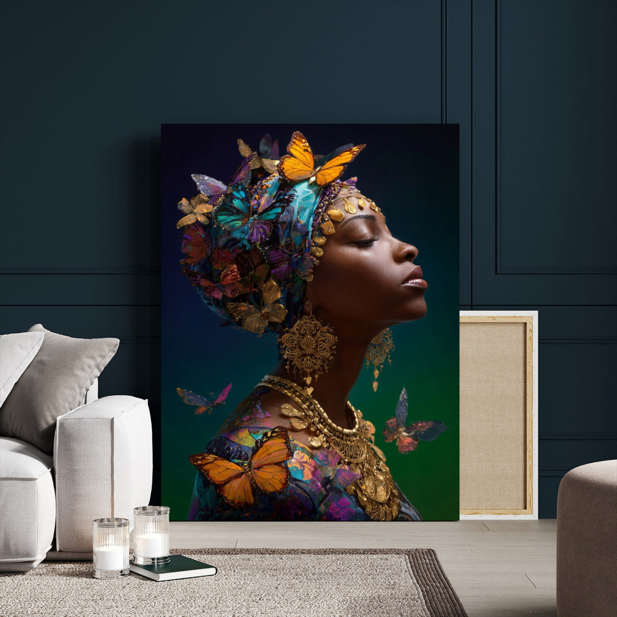 Butterfly Crown Gold Woman Portrait — Monarch Queen Canvas
