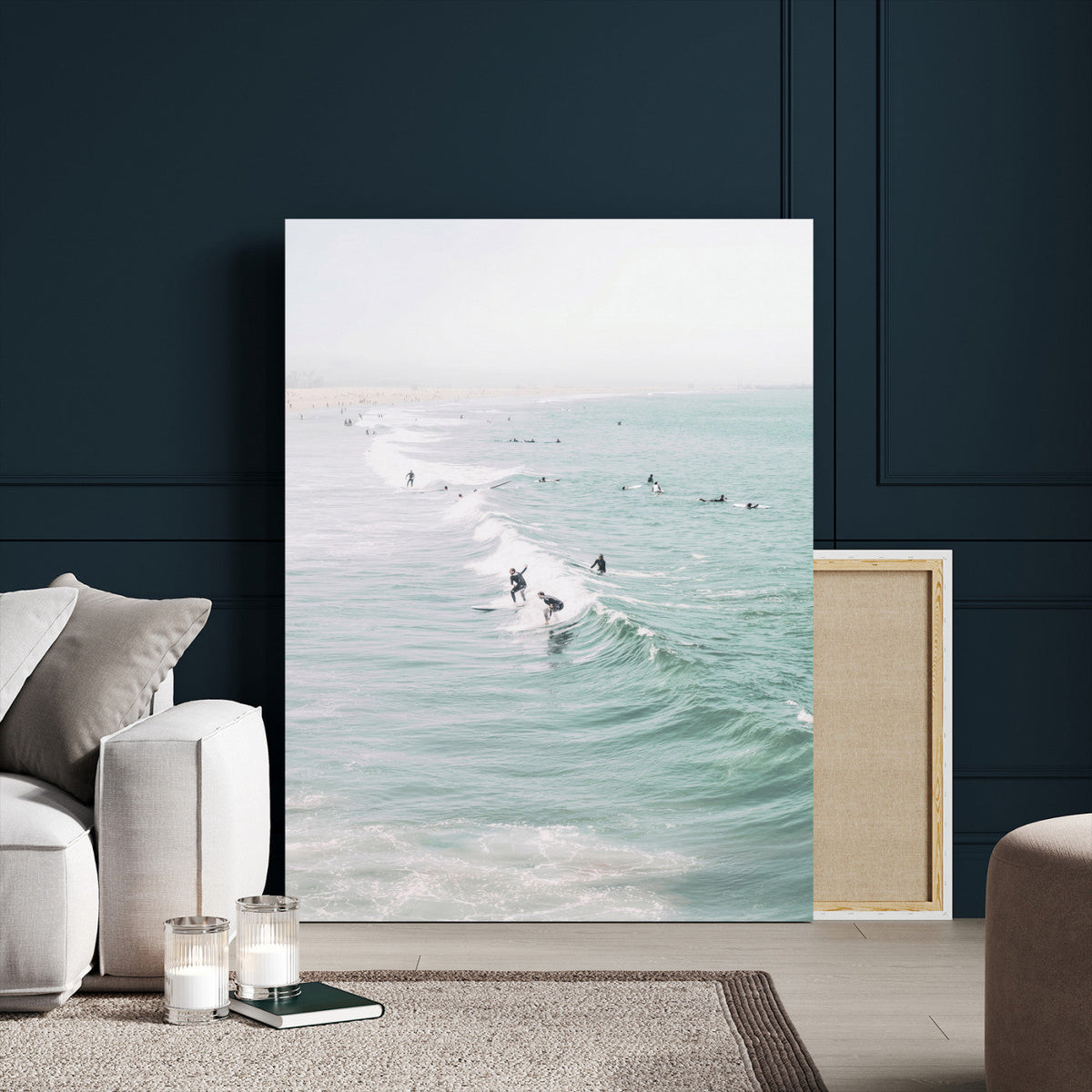 Surfers on Waves Canvas Wall Art, Aerial Ocean Photography