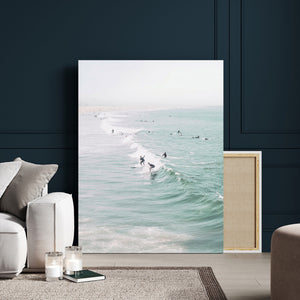 Surfers on Waves Canvas Wall Art, Aerial Ocean Photography
